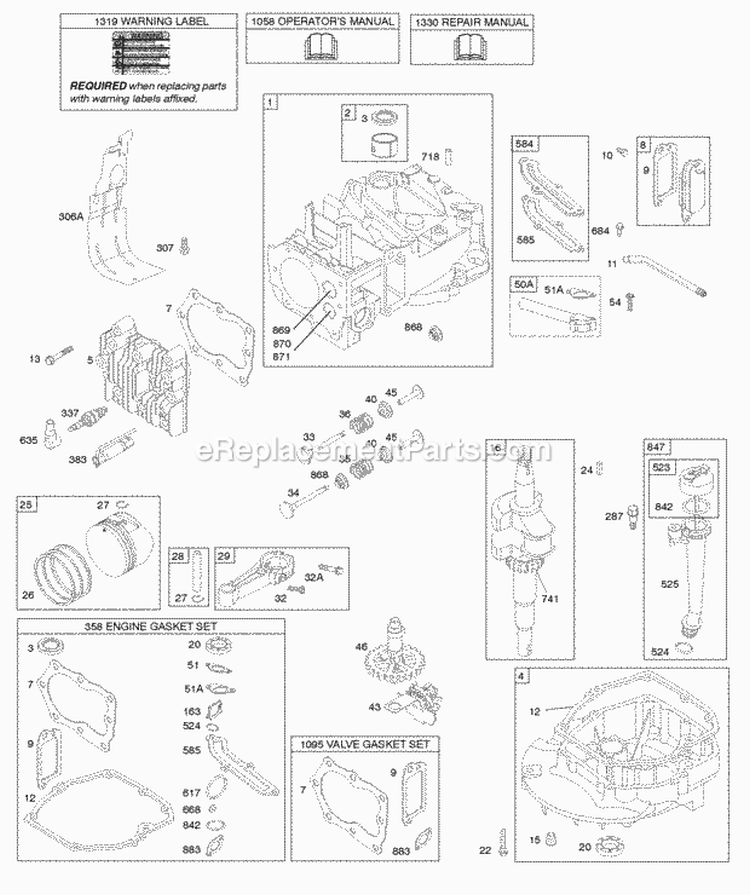 Camshaft Crankshaft Cylinder Engine Sump Lubrication Piston Group Valves Diagram and Parts List for 128T02-1337-B1  Briggs and Stratton Engine
